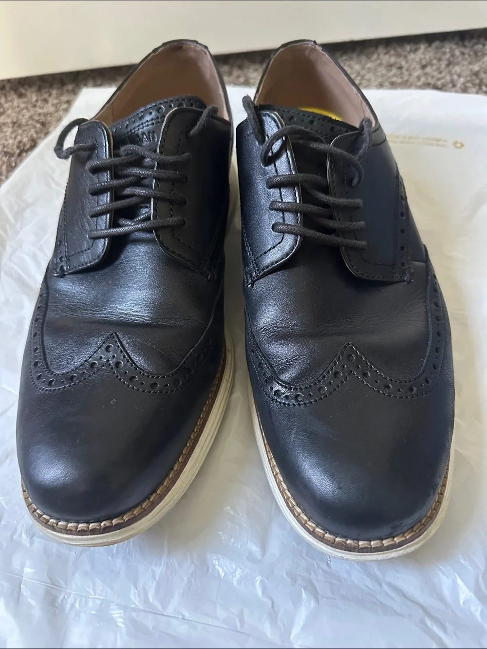 Cole Haan Black Leather Wingtip Derby Oxfords with White Contrast Sole
